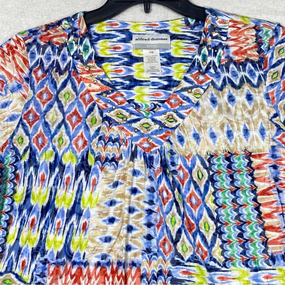 Alfred Dunner Patchwork Shirt Women's PM Multicolor V Neck Metal Stud Classic - Picture 2 of 13